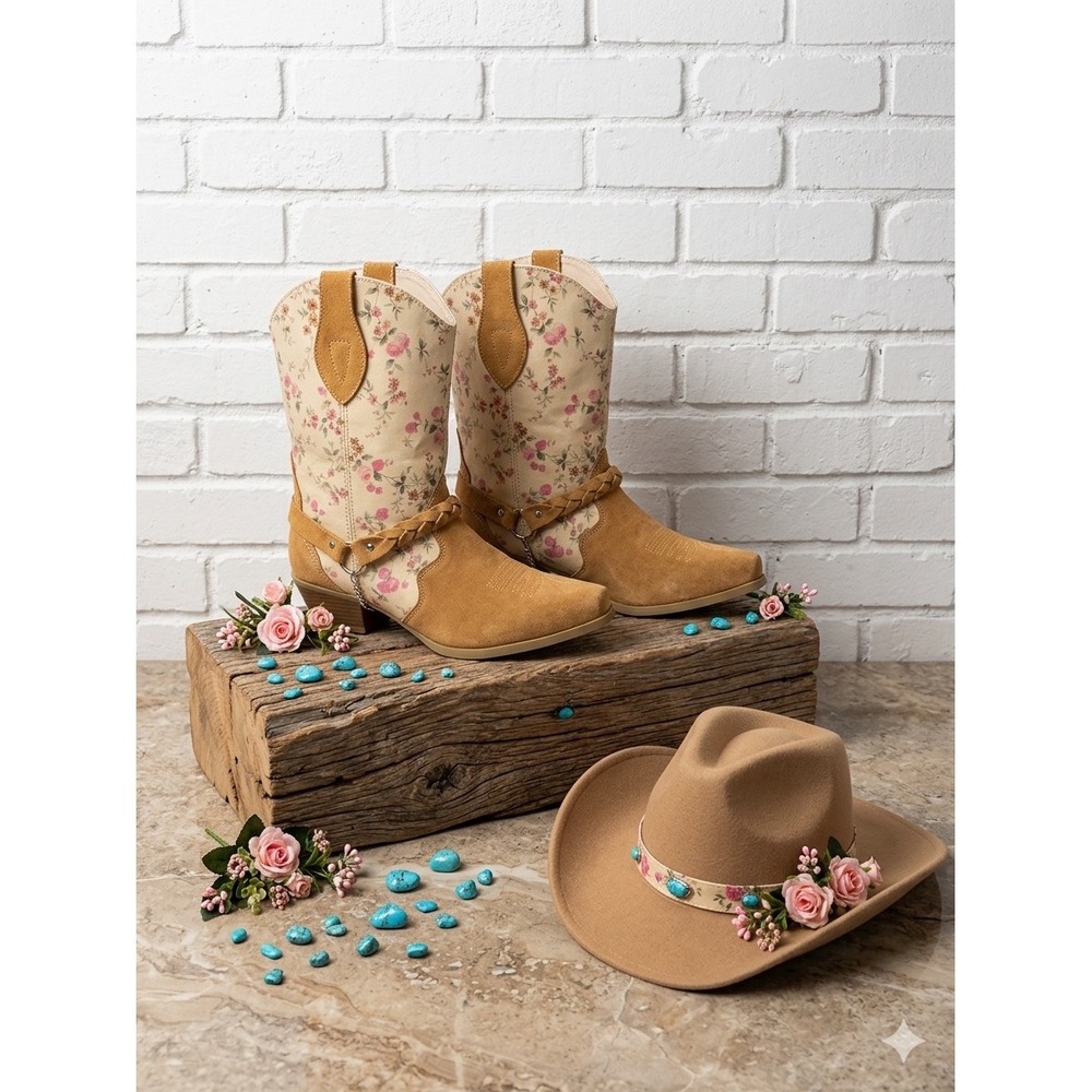 Tan Suede 🩷🌸🤎 Floral Print Western Cowboy Boots Braided Harness Detail 7.5